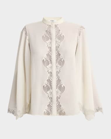 Chloe Lace Placket Tulip-Sleeve Silk Blouse