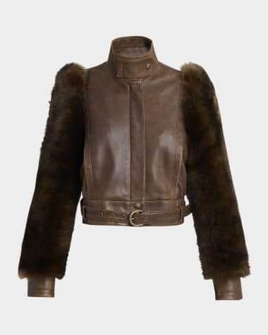 Chloe Faux Fur Sleeves Leather Bomber Jacket