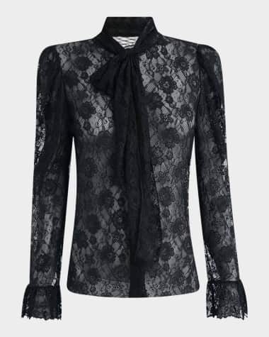 Chloe Tie-Neck Lace Button-Down Blouse