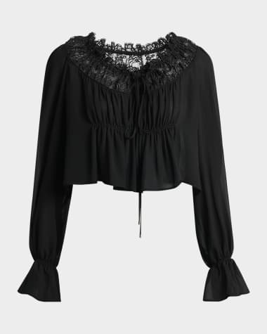 Chloe Ruched Lace Silk Peasant Blouse