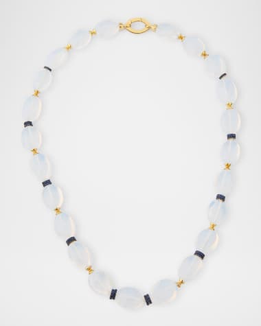 Goshwara Beyond 18K Yellow Gold Moon Quartz Tumbled Beads Necklace with Hourglass and Sapphire Rondelles