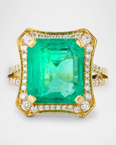 Goshwara G One 18K Yellow Gold Emerald Cut Emerald Ring with Diamonds