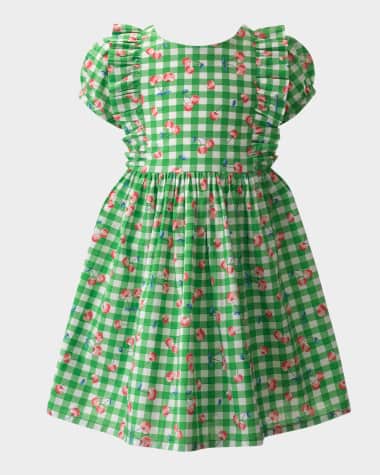 Rachel Riley Girl's Cherry Check Puff-Sleeve Dress, Size 2-10