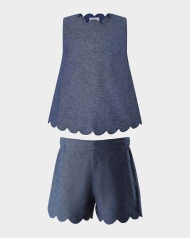 Rachel Riley Girl's Chambray Scalloped Top and Short Set, Size 2-14