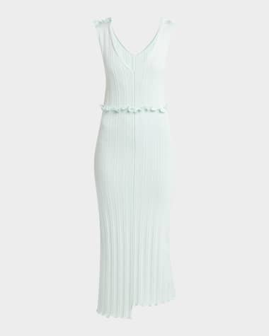 Jil Sander Ruffle Sleeveless Fine Rib Cotton Midi Dress