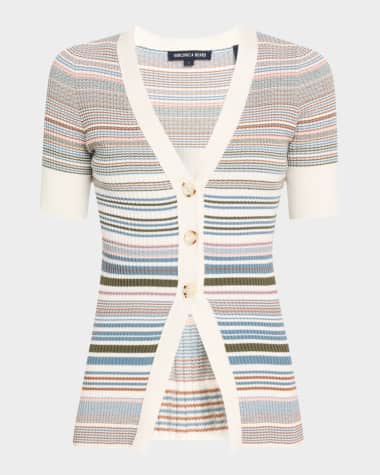 Veronica Beard Fawne Stripe Short-Sleeve Cardigan