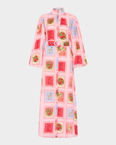 PALM NOOSA Noddy Belted Stamp-Print Linen Maxi Shirtdress