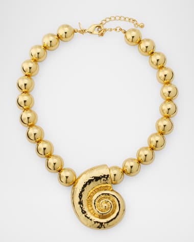 Kenneth Jay Lane Golden Ball Beaded Seashell Pendant Necklace