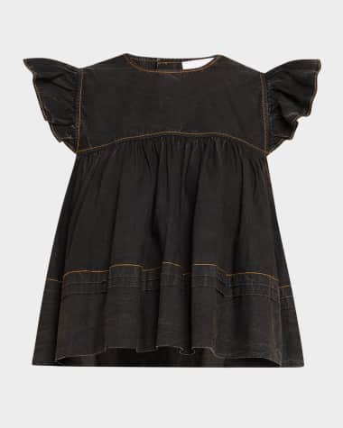 Ganni Garment-Dyed Flutter-Sleeve Babydoll Top