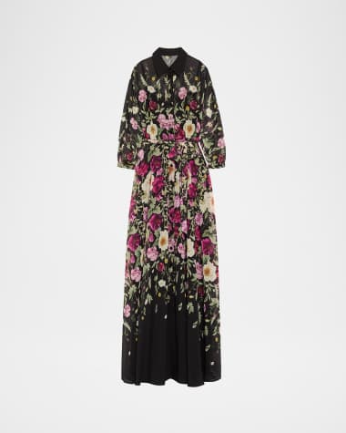 Rickie Freeman for Teri Jon Floral-Print Chiffon Shirt Gown