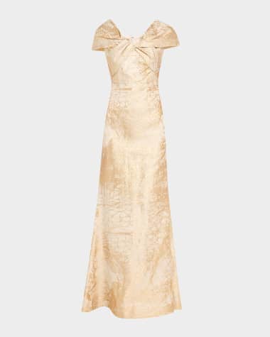 Rickie Freeman for Teri Jon Twist-Front Metallic Jacquard Gown