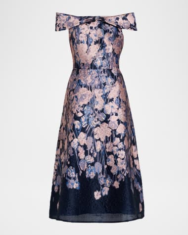 Rickie Freeman for Teri Jon Off-Shoulder Floral Jacquard Midi Dress