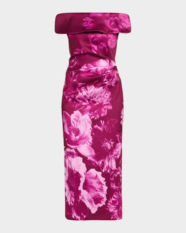 Rickie Freeman for Teri Jon Ruched Floral Off-The-Shoulder Midi Dress