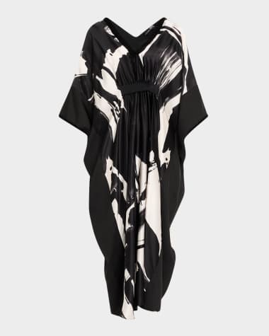 Josie Natori Shodo Beaded Brushstroke-Print Silk Caftan