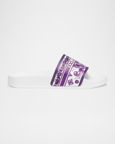 Dolce&Gabbana Girl's Majolica-Print Leather Slide Sandals, Kids