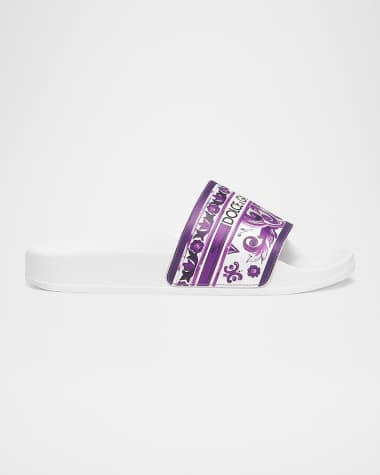 Dolce&Gabbana Girl's Majolica-Print Leather Slide Sandals, Toddler/Kids