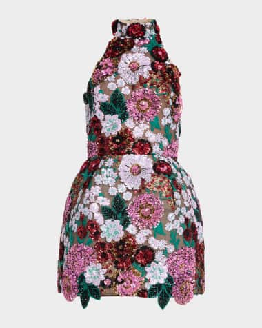 Bronx and Banco Deirdre Sequin Embroidered Halter Mini Dress