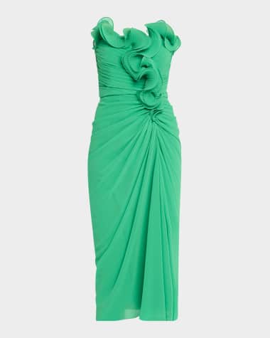 Badgley Mischka Strapless Pleated Georgette Midi Dress