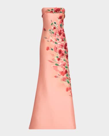 Badgley Mischka Strapless Embellished Floral-Print Gown