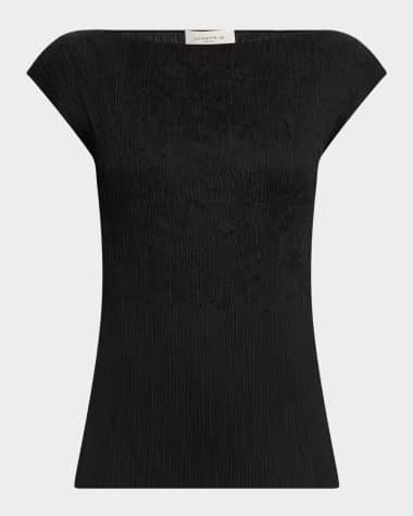 Lafayette 148 New York Cap-Sleeve Embroidered Plisse Blouse