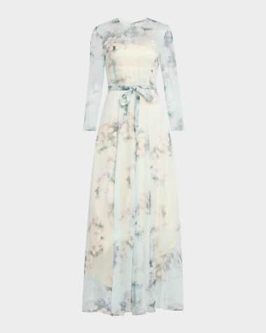 Alberta Ferretti Floral-Print Chiffon Long-Sleeve Maxi Dress