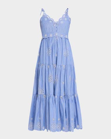 Cinq a Sept Darcey Pinstripe Embroidered Sleeveless Midi Dress