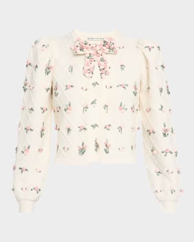 Alice + Olivia Kitty Floral Puff-Sleeve Cardigan
