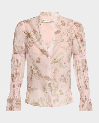 Alice + Olivia Ilan Smocked-Sleeve Blouse