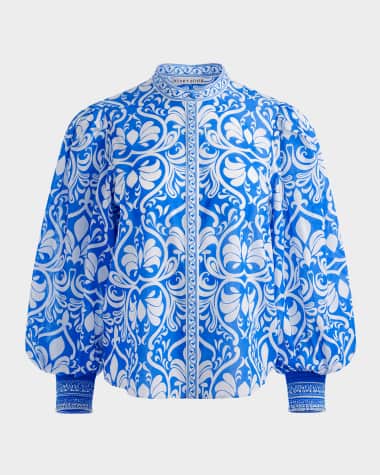 Alice + Olivia April Pleated Blouson-Sleeve Top