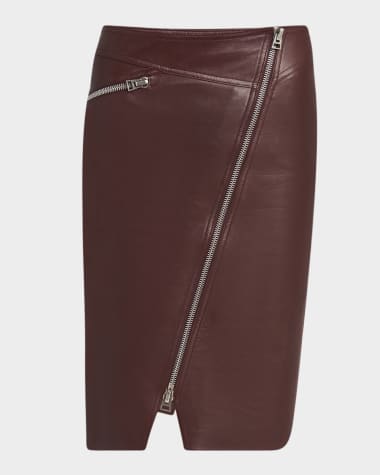 TOM FORD Lux Plonge Leather Diagonal Zip Skirt