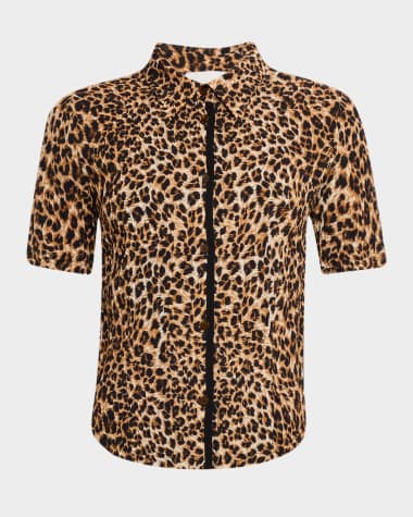 Nanushka Clare Short-Sleeve Ocelot-Print Blouse