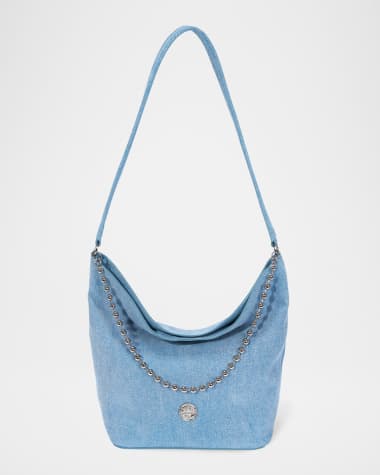 Oryany Ball Chain Denim-Print Leather Bucket Bag
