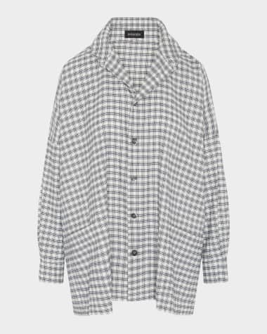 Eskandar Mini Houndstooth Wide Longer-Back Double Stand-Collar Shirt Jacket (Long Length)