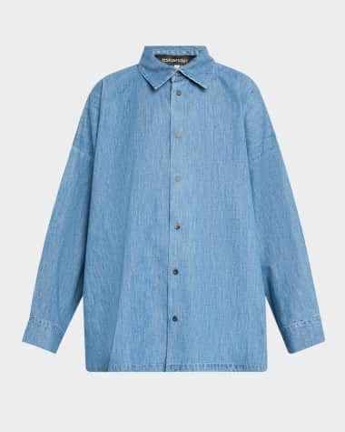 Eskandar Angled-To-Front Side Seam Denim Shirt With Collar (Long Length)