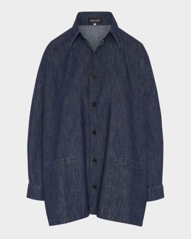 Eskandar Denim Wide A-Line Shirt Jacket With Collar (Long Length)