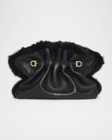 Ferragamo Ruched Shearling-Trim Soft Shoulder Bag