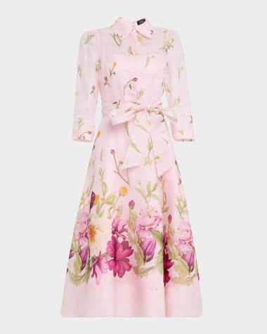Rickie Freeman for Teri Jon Floral-Print Silk Blend Midi Shirtdress