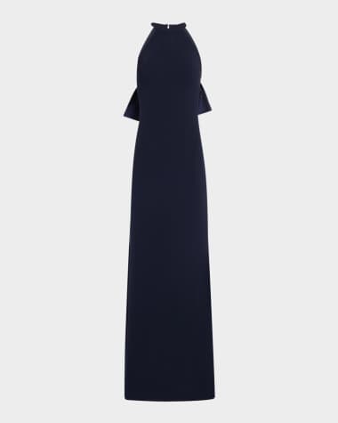 Rickie Freeman for Teri Jon Bow-Back Crepe Halter Column Gown