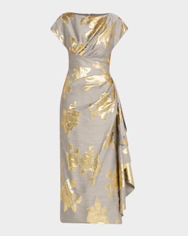 Lela Rose Florence Metallic Floral Jacquard Draped Midi Dress