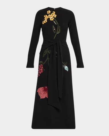 Lela Rose Floral Embroidered Long-Sleeve Tie Waist Midi Dress