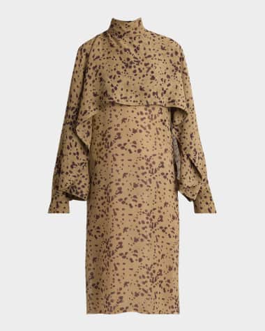 Ferragamo Orchid Print Silk Cape Midi Dress