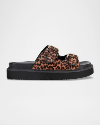 Marc Fisher LTD Agustaly Leopard Calf Hair Dual-Buckle Slide Sandals
