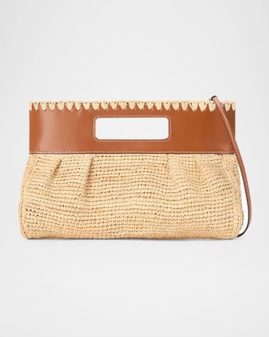 STAUD Lena Raffia and Leather Clutch Bag