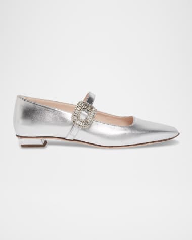 Roger Vivier Belle Vivier Metallic Leather Crystal Buckle Mary Jane Ballerina Flats