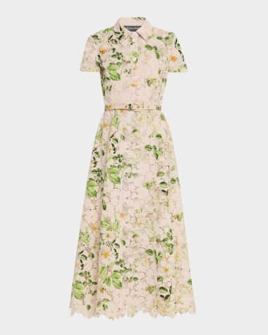Monique Lhuillier Printed Lace Belted Midi Polo Shirtdress