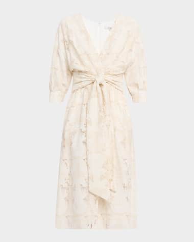 Badgley Mischka Collection Embroidered Tie-Waist Faux Wrap Midi Dress
