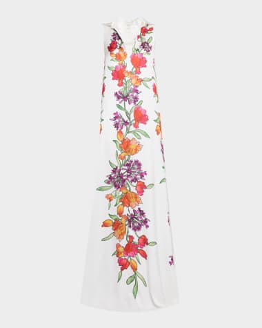 Badgley Mischka Collection Sleeveless Beaded Floral-Print Gown