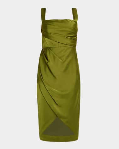 Theia Genevive Draped Square-Neck Satin Dress