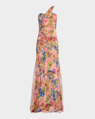 Theia Macie Ruched Floral-Print Tulle Gown