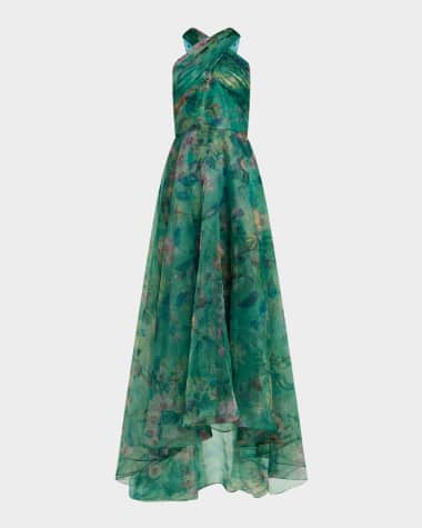 Theia Luana Floral-Print Organza Halter Gown